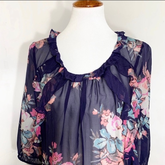 ❤️Anthropologie 100% Silk Cotati Chiffon Ruffle Floral Peasant Blouse Top Boho - Picture 3 of 7